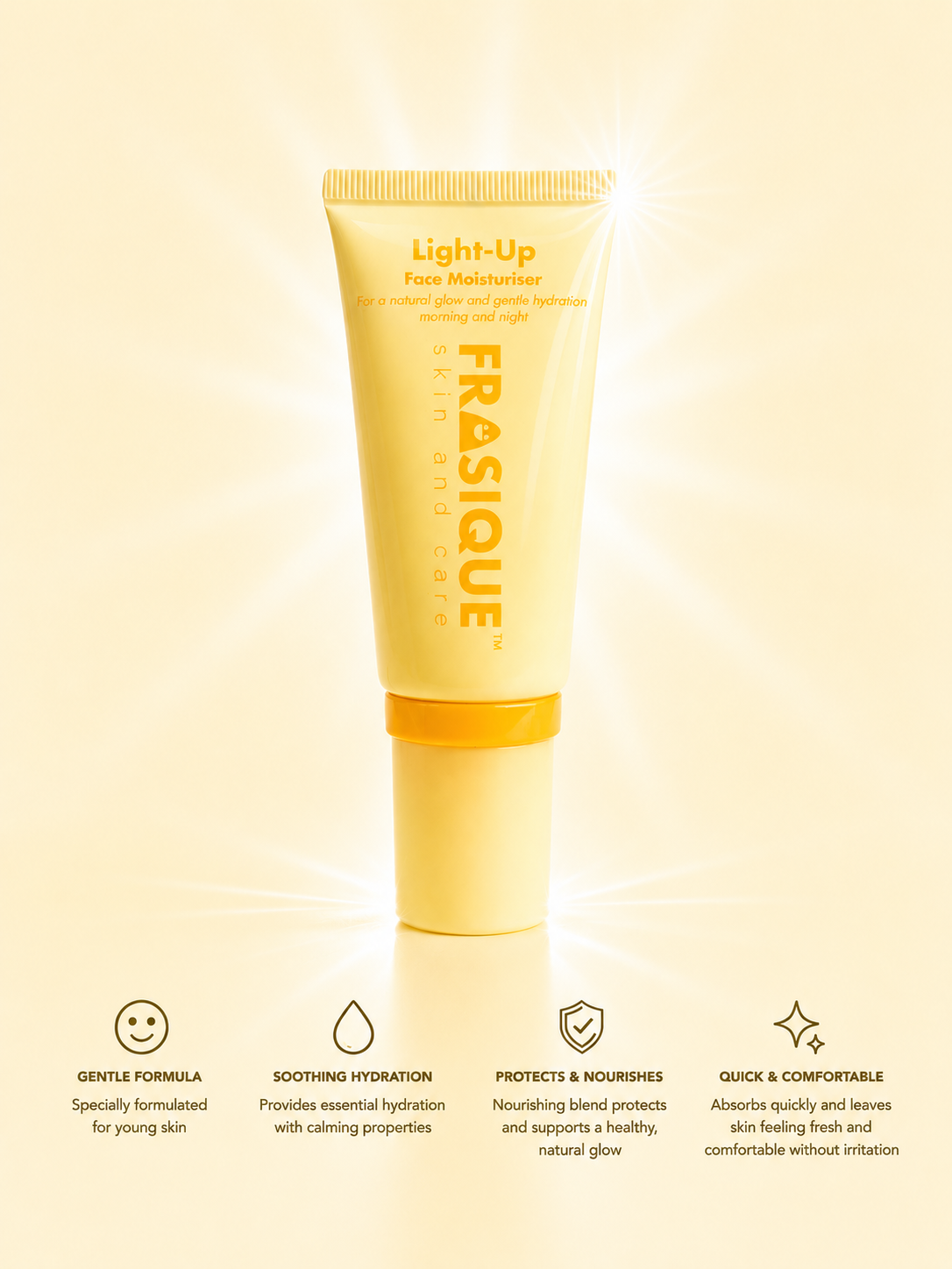 Frasique Light-Up Moisturiser tube on a light yellow background with product features listed.