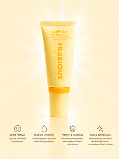 Frasique Light-Up Moisturiser tube on a light yellow background with product features listed.