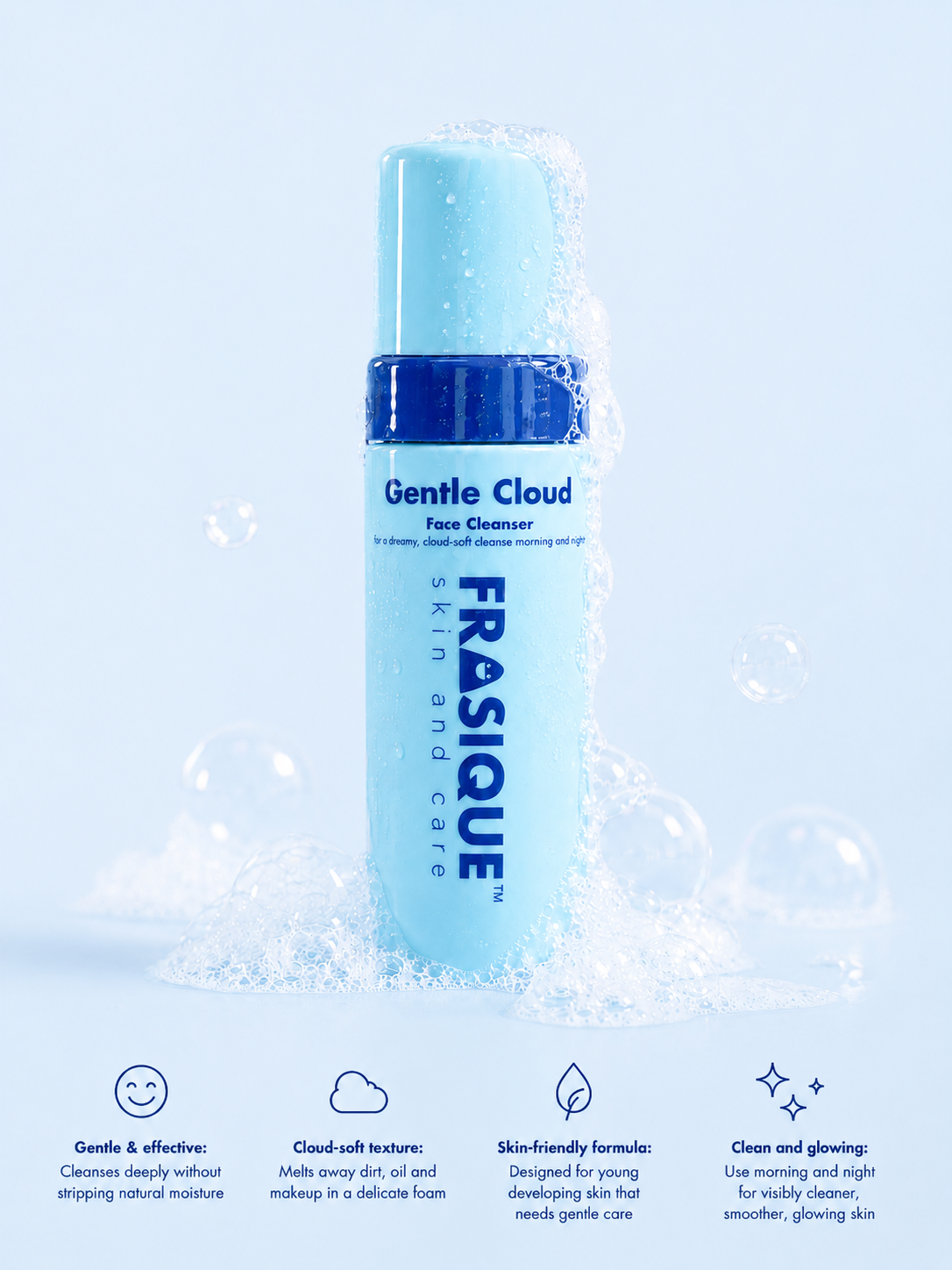 Frasique Gentle Cloud Face Cleanser bottle on a light blue background